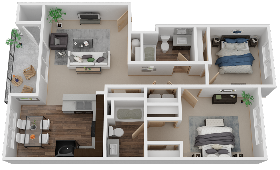 Floor plan for 2 beds, 2 baths, 968 sqft